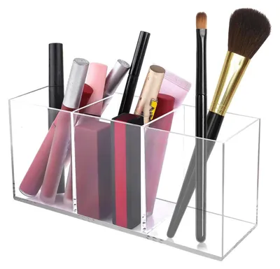 Produktbild von Acryl-Pinselhalter, Make-up-Organizer mit 3 Fächern, transparenter Organizer für den Schminktisch, Organizer für Pinsel, Eyeliner, Lippenstift, Aufbewahrungsmöglichkeit für Accessoires, Stifthalter