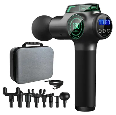 Produktbild von Elektrische Massagepistole, 99 Geschwindigkeitsvariationen, 8 austauschbare Köpfe, Grau