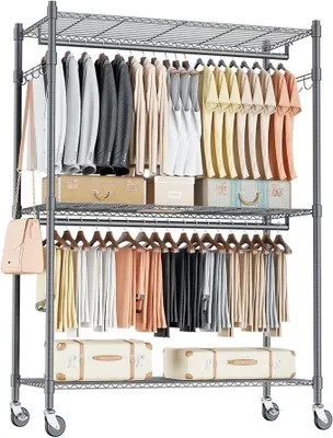 Zdjęcie produktu dla Homdox 90x 42x 205cm wieszak na ubrania, wieszak na ubrania na kółkach, z 2 wieszakami na ubrania, 3 półkami, obciążenie do 160 kg, szary