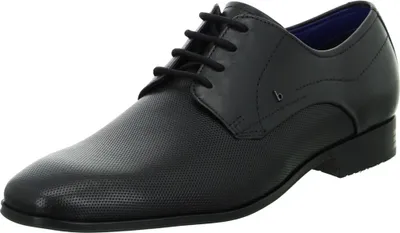 A black leather shoe is shown from a side angle against a white background.
