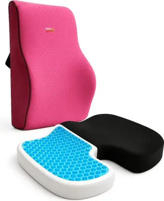 Produktbild von Set mit 2 orthopädischen Kissen von Linomag®, orthopädisches Sitzkissen mit Memory-Schaum und kühlendem Gel + Lendenkissen, für Büro- oder Autostühle, Schwarz/Rosa