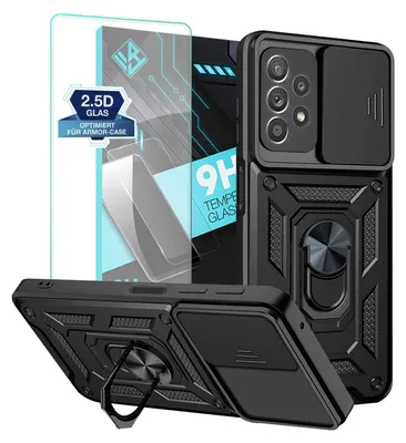 A black phone case with a screen protector and a ring holder, presented with marketing text and graphics.
