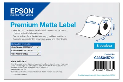 Immagine prodotto di Epson Premium - Opaco - adesivo acrilico permanente - rotolo (10,2 cm x 60 m) 8 rotoli di etichette continue - per ColorWorks CW-C6000Ae, CW-C6500Ae, CW-C6500Pe, TM-C7500, TM-C7500G