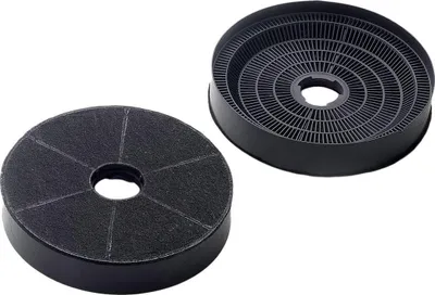 Two black charcoal filters for a range hood, viewed from a slightly elevated angle against a white background.