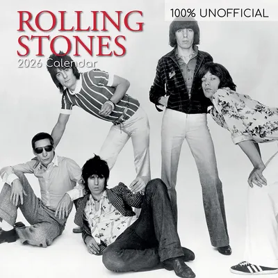 Obrázok produktu pre Nástenný kalendár na rok 2026 – Rolling Stones, formát 30,5 x 30,5 cm. Zobrazuje jednotlivé mesiace, obsahuje 16 mesiacov, motív symbolov a 180 samolepiek na poznámky