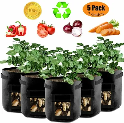 Image de pack de 5 sacs pour plantes, 7 gallons de pommes de terre sac de plantation,durablement respirant sac avec fenêtre velcro poignées de transport,réutilisable,dans le jardin,balcon,orange (Noir, 5 pcs）