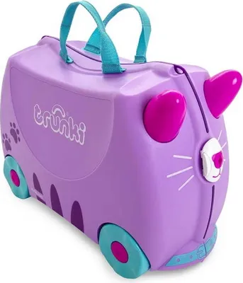 A purple cat-shaped children's suitcase with teal handles and wheels, shown from a diagonal angle against a white background.