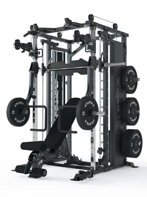 Produktbild von ATLETICA Fortress Multipresse Set | TARGET  | Mit B6 Hantelbank, Jammer Arms, Smith Machine & 360° Cable Cross | Kabelzug mit 180 kg Steckgewichten