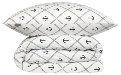 Produktbild von SCHIESSER Bettwäscheset Ahoi | Renforcé | 2-teilig | Maritimes Ankermuster | 100% Baumwolle | Weich und glatt | YKK-Reißverschluss | 135x200 cm + 80x80 cm | Weiß-Dunkelblau