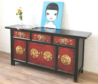 Produktbild von Sideboard Kommode Schrank Lowboard Möbel chinesisch asiatisch orientalisch rot-schwarz Büffet Anrichte Vintage Shabby Chic Landhaus Stil China Asia