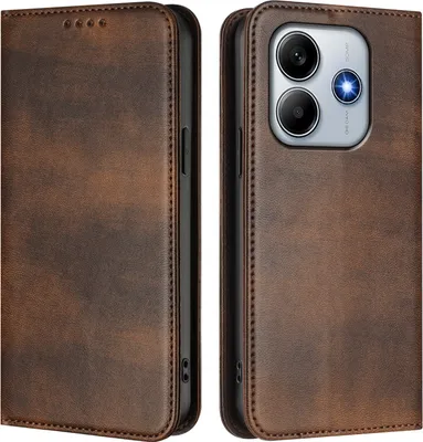 Produktbild von Handyhülle für Xiaomi Redmi Note 14 4G, Vintage Leder RFID Schutz Kartenfach Standfunktion Magnetische Klapphülle Braun