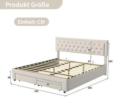 Obrázek produktu pro Postel velikosti King Size s úložným prostorem – čalouněná postel 180x200 cm – hydraulický zvedák – 2 zásuvky – čalouněná opěrka hlavy s knoflíkovou aplikací – sametová barva béžová