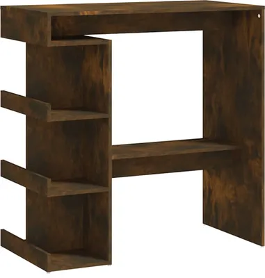 A studio shot of a bar table with shelves.