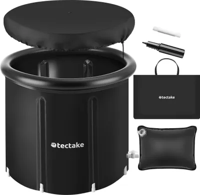 A black foldable ice bath tub with its accessories, including a carrying bag, pump, and water cushion, displayed on a white background.
