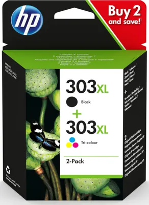The image shows the packaging of HP 303XL ink cartridges, featuring a floral design and product details.