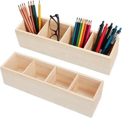 Imagen del producto de Juego de 2 portalápices de madera con 4 compartimentos, de 30,5 x 8,3 x 7,5 cm, organizador de escritorio para oficina
