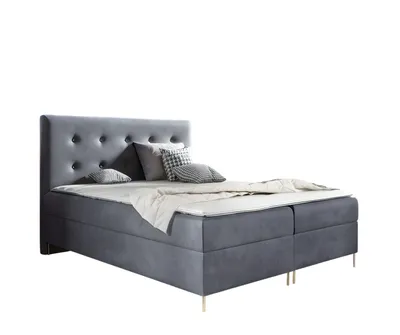 Produktbild von Sofello Boxspringbett 180 x 200cm 2x Bettkasten TOPPER 5cm Gratis Grau Velour hohe goldene Beine