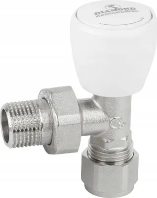 Zdjęcie produktu dla DIAMOND Zawór Grzejnikowy Kątowy 1/2" | PEX 16mm | Niklowany | Śrubunek | 10bar