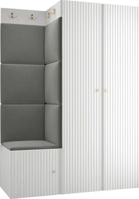 Produktbild von MIRJAN24 Garderoben-Set Orion Ryfel Slim XXIII, Kleiderschrank, Schuhschrank, Kleiderhakenbrett, 7x Paneel 42x42, 8 Kleiderhaken, Metallgriffe (Farbe: Weiß, Manila 16)