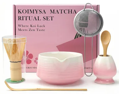 Matcha-Set 6-teilig, Keramikschale mit Ausgießer, Bambusbesen, Löffel, Sieb