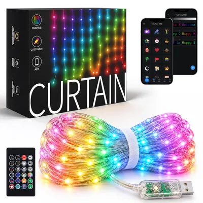 Produktbild von USB LED Vorhanglichter 2×2M, DIY Programmierbare Szenen, App & Fernbedienung, RGB Farben, Musiksync, 100+ Modi, Festliche Party-Dekoration Weihnachten