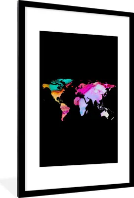 Produktbild von MuchoWow® Gerahmtes Poster Weltkarte - Regenbogen - Farbe 60x90 cm - Poster mit Schwarzem Bilderrahmen Wandposter Rahmen Foto Bilder - Dekoration - Wandposter Wohnzimmer - Hochwertig