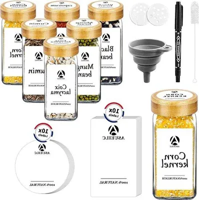 Productafbeelding van Famanu kruidenpotjes set - 6 stuks - 120 ml - Met deksels en etiketten - Inclusief schuddeksel, pen en reinigingsborsteltje