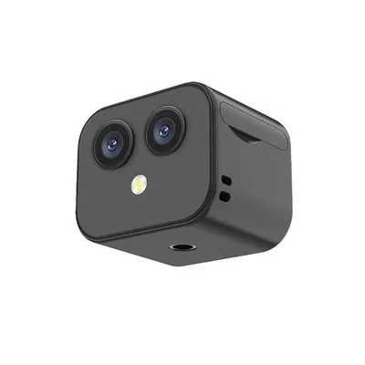 A small black square camera with two lenses and a light.