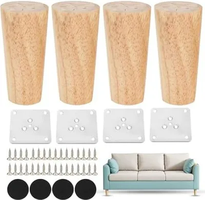 Produktbild von Möbelfüße Holz, 4 Stück Holz Tischbeine 10 cm Konisch Möbelbeine Ersatz, Möbelfüße Tischbeine mit Montageplatten und Schrauben für Sofa Bett Schrank Stuhl Tisch Holzfarbe (4, Gerade-10cm)