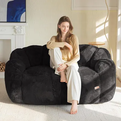 Produktbild von Sitzsack 2-Sitzer Sofa floralförmig Kunstfell Schwarz 150x90x80cm