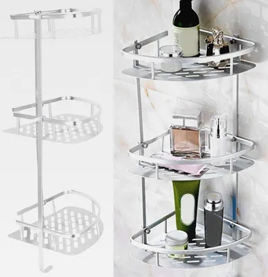 Produktbild von Duschregal, 3 Etagen Duschkorb Ecke Aluminium Duschablage Ohne Bohren Badezimmer Regal Silber Duschregal Ecke Badezimmer Organizer für WC Küche Organizer Badezimmerraum