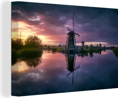 Produktbild von OneMillionCanvasses® - Leinwandbilder - 140x90 cm, Kinderdijk bei Nacht, Wandbilder Kunstdruck Wanddekoration