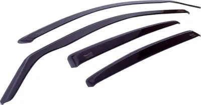 Four dark-colored car window visors arranged diagonally on a white background.