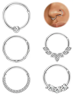 Immagine prodotto di Set di anelli per piercing al naso, 5 pezzi, acciaio chirurgico 16G, 8mm, argento, oro, zirconi, modello "clicker", orecchini