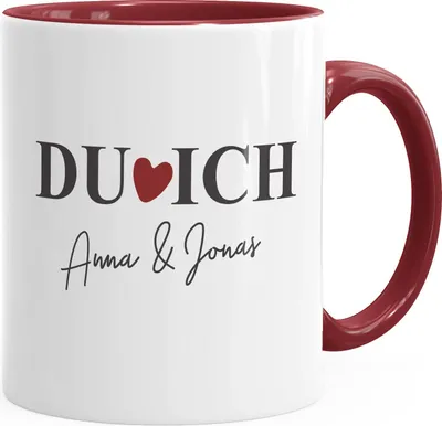 Produktbild von personalisierte Kaffee-Tasse Du Ich mit Namen Herz Liebes-Geschenk Freundin Mann Geschenk-Tasse SpecialMe® inner-bordeaux Keramik-Tasse