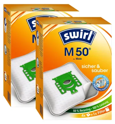 Two boxes of Swirl M 50 vacuum cleaner bags are shown side-by-side against a white background.