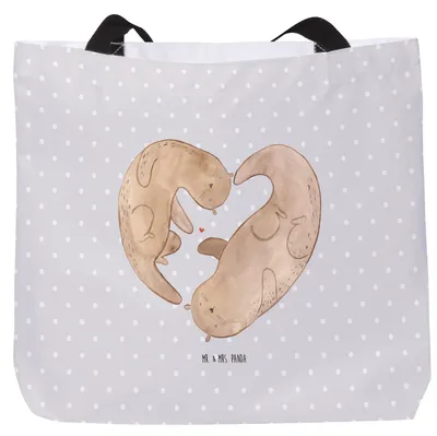 Produktbild von Mr. & Mrs. Panda Strandtasche Otter Herz - Grau Pastell - Geschenk, Tote Bag, Seeotter, Laptoptasche, Liebe, Reisetasche, Schultasche, Unitasche, Büchertasche