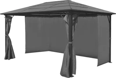 A gray gazebo with curtains, shown from a front-side angle against a white background.