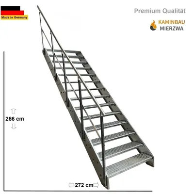 Obrázek produktu pro Ocelové příčkové schodiště Mřížové stupně 14 stupňů Zábradlí vlevo - pozinkované - (š x v x h) 80 x 266 x 272 cm