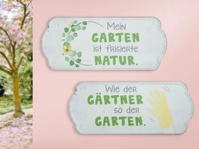 Produktbild von Vintage Retro Blechschild, Modell, WIE DER GÄRTNER SO DER GARTEN, Material Metall , Maße 35 x 15 cm, weiss, ideal für Garten, Terrasse, Bar, Cafe, Cafeteria oder einfach Zuhause.