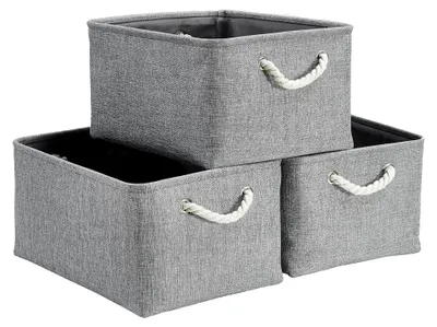 Produktbild von Faltbare Aufbewahrungsboxen aus Stoff, grauer Aufbewahrungskorb mit Griffen, 3er-Set