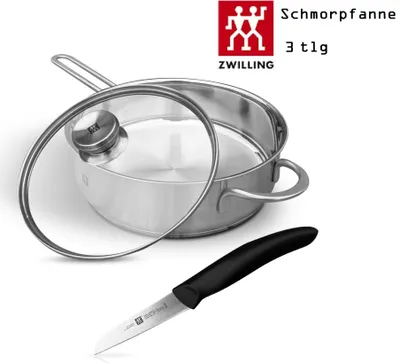 Produktbild von Zwilling TwinNova Schmorpfanne mit Deckel 24cm, Gemüsemesser 3tlg, Induktion Edelstahl Hoher Rand Edelstahl 18/10 Bratpfanne Pfanne Pfannenset Pfannen