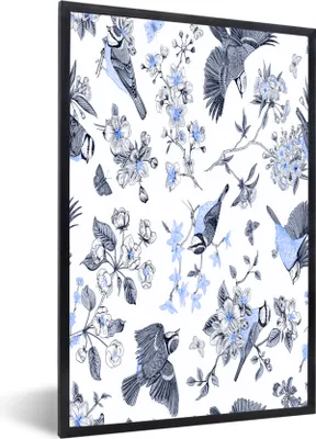 Produktbild von MuchoWow® MuchoWow® Gerahmtes Poster Blumen - Vogel - Blau 60x90 cm - Poster mit zchwarzem Bilderrahmen - Kunst