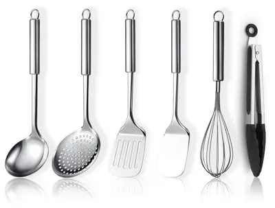 Produktbild von 6-teiliges Edelstahl-Kochgeschirrset, Küchenhelferset mit Metallspatel, Schaumlöffel, Suppenkelle, Zange, Schneebesen, Küchenutensilien