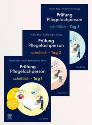 Three books stacked diagonally, each titled 'Prüfung Pflegefachperson schriftlich - Tag X'.