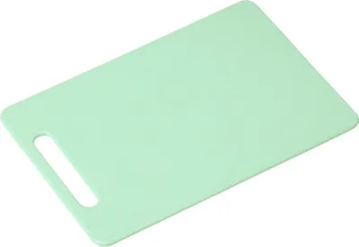 A mint green cutting board with a handle is shown on a white background.
