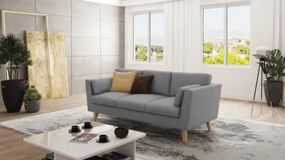 Produktbild von S-STYLE MÖBEL - Sofa 3-Sitzer mit Holzfüßen im skandinavischen Stil Elma aus Grau Luxusmicrofaser, B/T/H: 206 cm/ 89 cm/ 90 cm