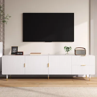 Image de Merax Armoire TV 170×36×55 cm, Meuble TV avec 3 portes et tiroir, étagères & gestion des câbles, blanc avec poignées & pieds dorés, système Soft-Close