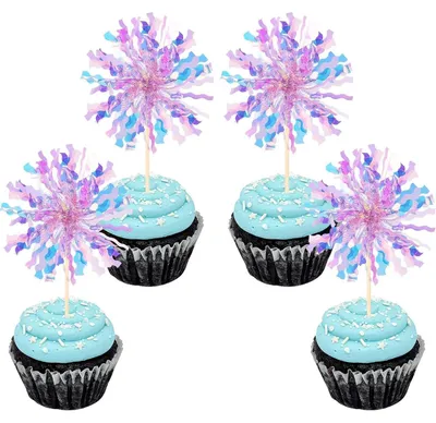 Immagine prodotto di Decorazioni per torte a tema fuochi d'artificio, glitter, 30 pezzi. Topper per cupcake color lilla, con stecchini. Stuzzicadenti per frutta