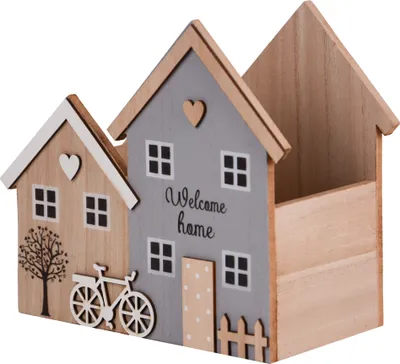 A decorative wooden storage box shaped like houses.